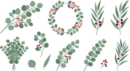 Christmas Eucalyptus and Red Berry Botanical Vector Set Featuring Winter Foliage Branches Bouquets and Wreath for Wedding Holiday Greeting Card Designs © Lota