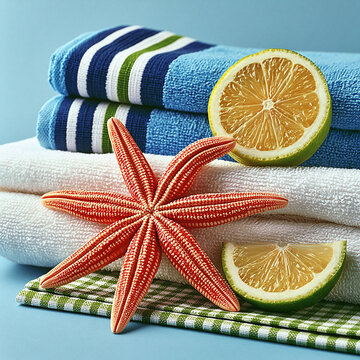 Starfish and Lemon on Beach Towels with Summer Coastal Colors