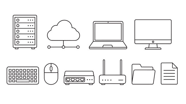 Information technology icons set showing computer hardware and networking equipment