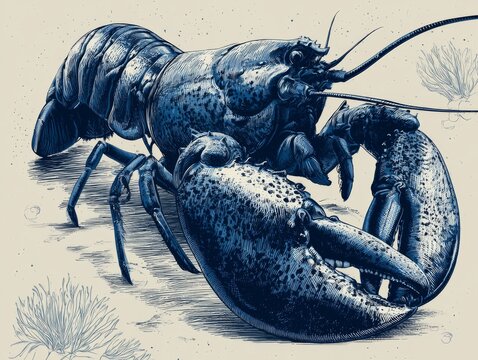 Hand sketched lobster with marine details, seafood branding illustration 