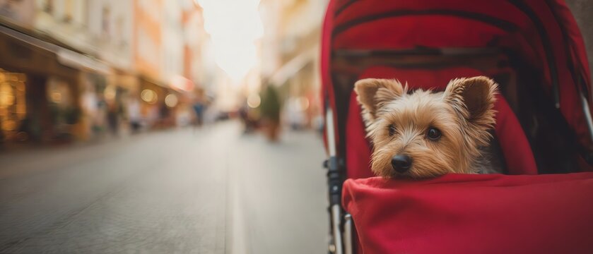 A dog enjoying a stroll in a pet stroller.