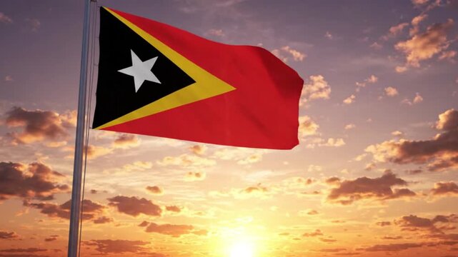 Flag of east timor waving against a sunset sky with clouds