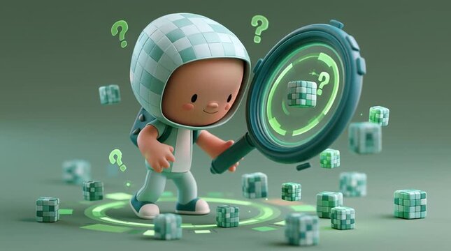 A character uses a giant magnifying glass to inspect floating digital blocks, which turn green after scanning in a smooth, seamless loop animation symbolizing verification and trust.