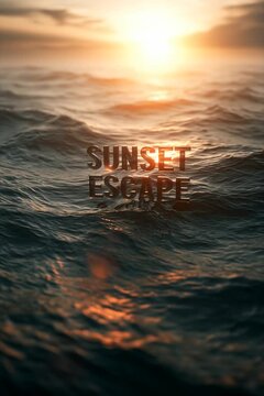 A seamless loop of an endless ocean horizon at golden sunset with gentle rolling waves, soft lens flares, and giant floating 3D glass typography reading &ldquo;SUNSET ESCAPE.&rdquo;