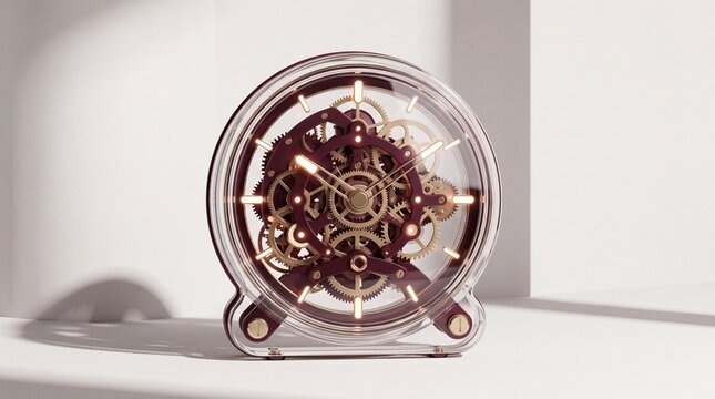 Modern transparent skeleton clock, intricate visible gears and mechanisms, elegant desk timepiece, contemporary home decor accessory, luxury timekeeping device.