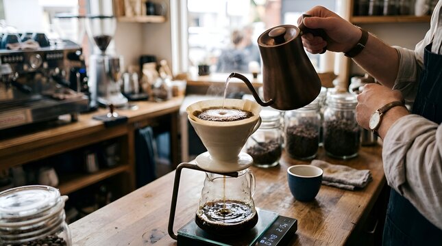 Barista pouring hot water over coffee grounds in pour-over filter