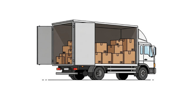 A delivery truck transports boxes on the road outdoors.
