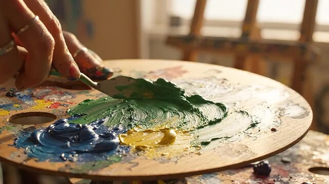 A close-up of an artist's hand mixing vibrant paint on a palette.