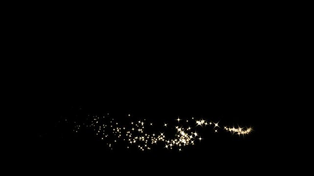 Magical golden star trail flying upward in a wavy motion on chroma key backdrop, luminous twinkling light stream effect for luxury transitions, wedding invitations, and holiday visual effects