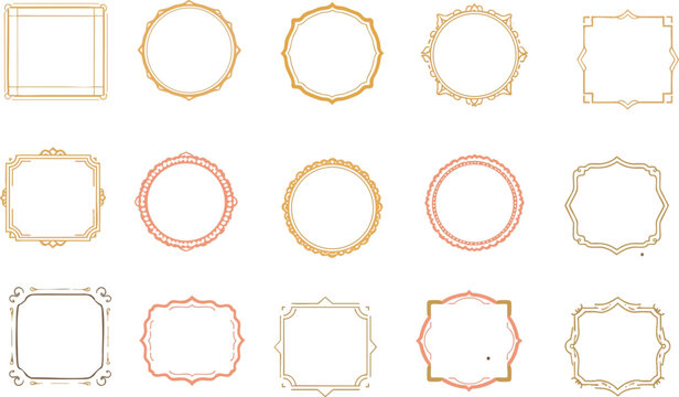 Doodle frames set, hand drawn geometric colorful border collection. Minimal hand drawn square arch and rectangle shapes kit. Elegant retro empty banner, poster, placard decor. Doodle frame emblem. 