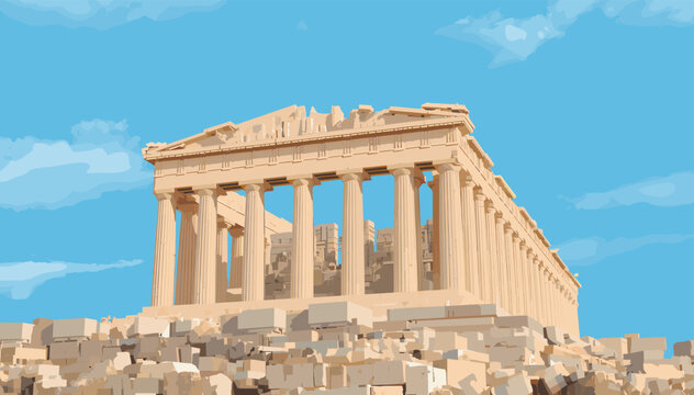 The Parthenon, an ancient Greek temple on the Athenian Acropolis, stands majestically against a clear blue sky, surrounded by ruins.