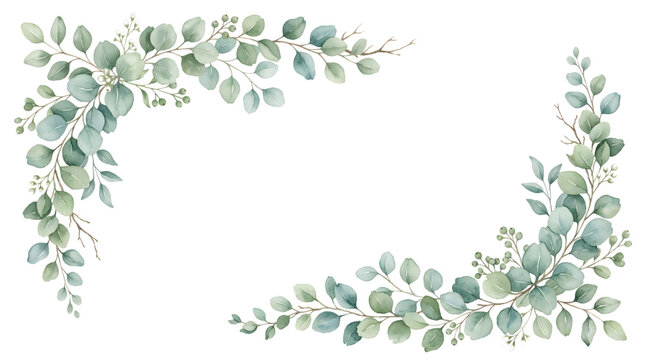 Watercolor corner border frame with green eucalyptus leaves and branches. Greenery clipart for wedding invitation, greeting cards, save the date, stationery design.