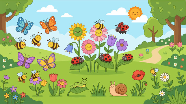 Colorful butterflies and insects flying around.
