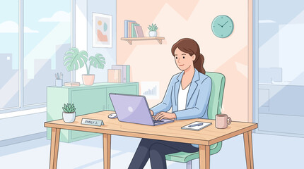 Fototapeta premium Woman working at desk in modern office, using laptop