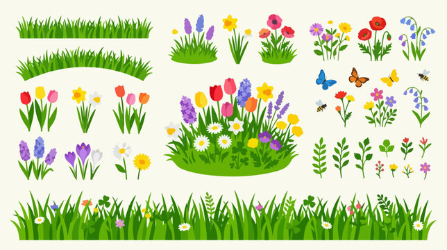 Colorful flowers and green grass illustration.
