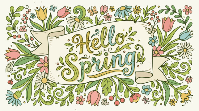 Hello Spring colorful floral banner.