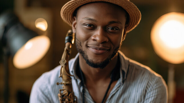 Young male saxophonist smiling and holding saxophone in studio. Jazz Appreciation Month