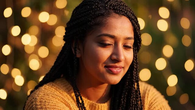 A warm portrait of a woman smiling in soft, glowing lights.