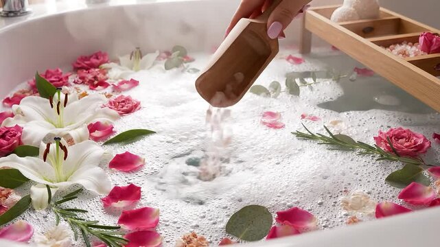 A luxurious bath surrounded by flowers and soothing bubbles.