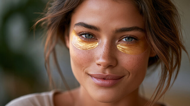 Closeup woman with gold eye patches for skincare treatment and beauty ad background for spa banner and cosmetic routine promotion