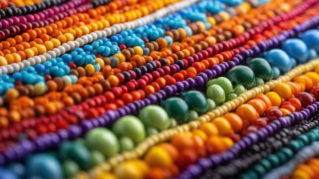 Close up rows of colorful round beads in shallow focus