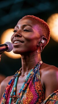 Female singer smiling closeup on colorful festival stage. Jazz Appreciation Month