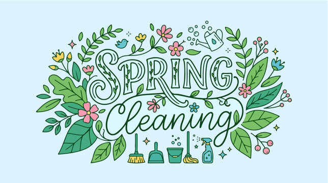 Spring cleaning colorful text illustration.