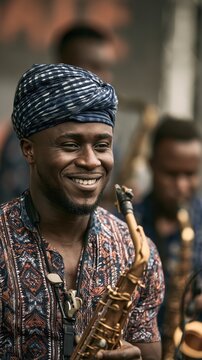 Male saxophonist smiling while holding saxophone on outdoor stage. Jazz Appreciation Month