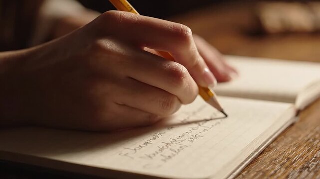 A close-up of a hand writing notes in a notebook.