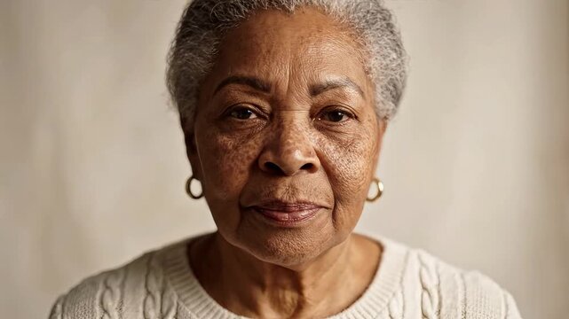 A close-up portrait of a serene elderly woman exuding wisdom.