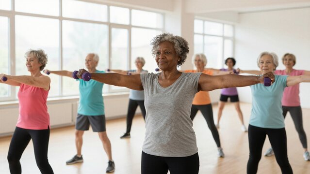 Group of senior women performing arm exercises with dumbbells in a bright fitness studio.