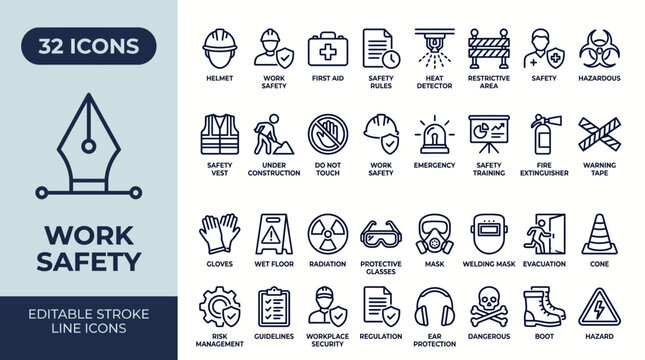 Work safety line icon set. Includes safety training, Safety first, hard hat, insurance, first aid kit, risk management, regulation, and more. Editable stroke. Full Vector.