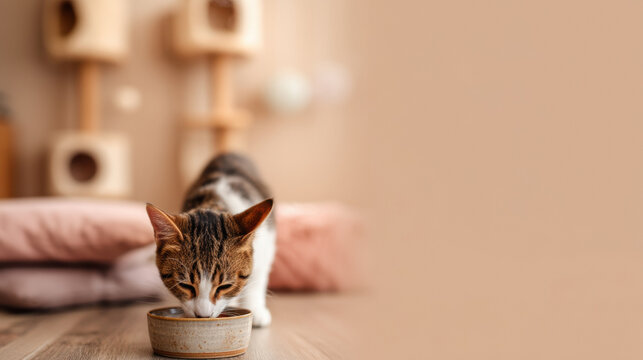 Tabby cat drinking from bowl in cozy living room on wooden floor