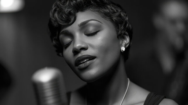 Female singer emoting with vintage microphone in dim club. Jazz Appreciation Month