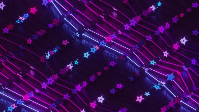Futuristic abstract wall with glowing geometric stars. Seamless VJ loop of a rhythmic digital structure and pattern, creative motion background for electronic music festivals and stage displays.
