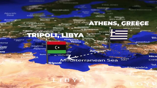 Flight From Athens GREECE to Tripoli LIBYA with flag pins