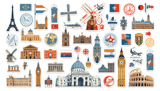 A vibrant collection of travel stickers featuring famous world landmarks, national flags, and cultural symbols from various countries.