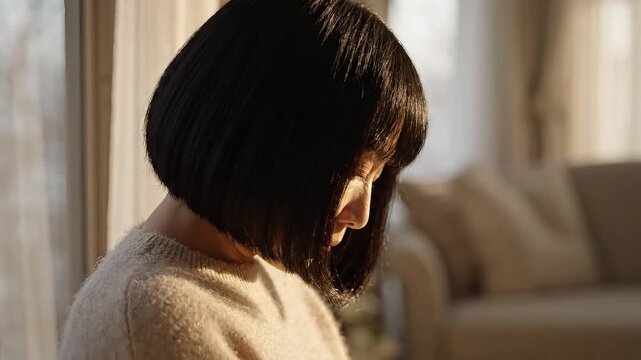 A serene profile of a woman in soft, warm indoor lighting.