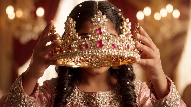 A child joyfully prepares to wear an ornate crown.