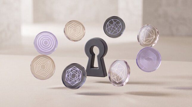 Abstract keyhole surrounded by floating geometric pattern discs, a conceptual image representing security, access, and digital encryption. Modern 3D render for data protection and privacy themes.