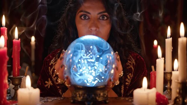 A mystic woman gazes into a glowing crystal ball surrounded by candles.