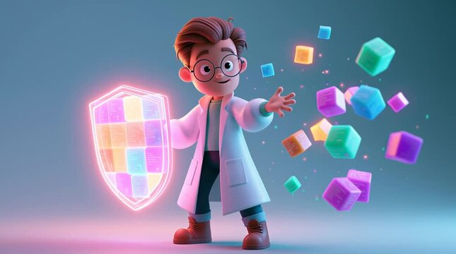 A cartoon cybersecurity expert holds a glowing shield as colorful data cubes bounce harmlessly off it in a seamless looping animation, symbolizing digital protection and security.