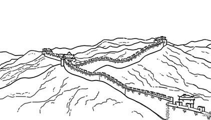 A detailed line drawing of the Great Wall of China winding over mountainous terrain under a clear sky. © Teko