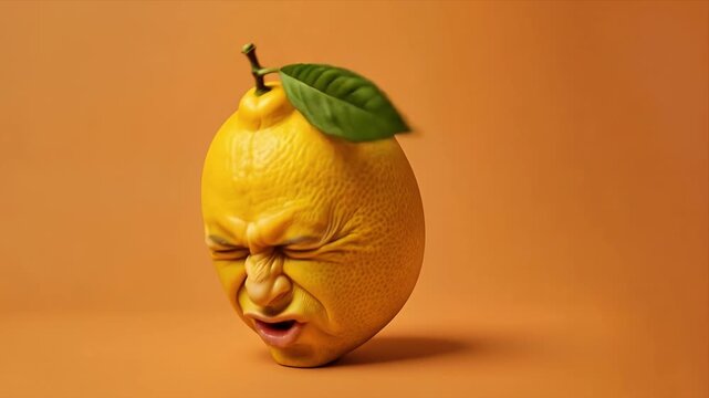 Surreal lemon character with a human face sneezing and displaying distressed expressions, creative 3D character animation