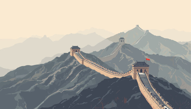 The Great Wall of China winding through misty mountains under a hazy sky.