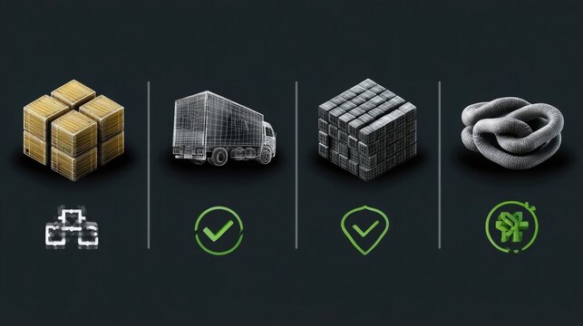 Supply chain transparency icons symbolizing traceability, real-time tracking, and blockchain-verified product authenticity for ethical and compliant sourcing