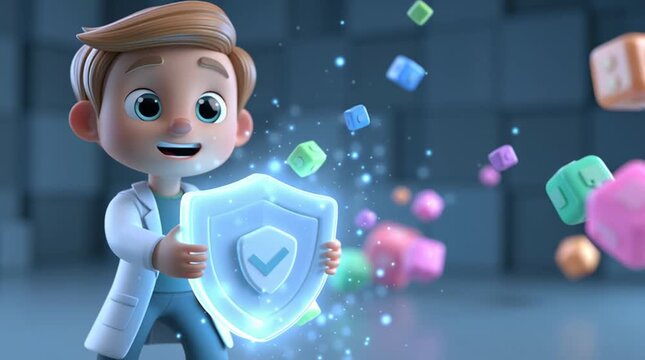 A cartoon cybersecurity expert holds a glowing shield as colorful data cubes bounce harmlessly off it in a seamless looping animation, symbolizing digital protection and security.