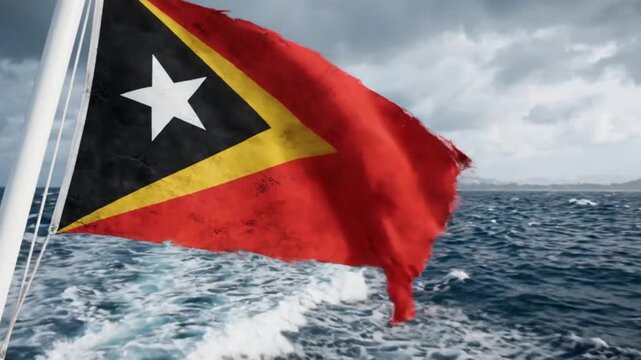Flag of east timor waving over the ocean