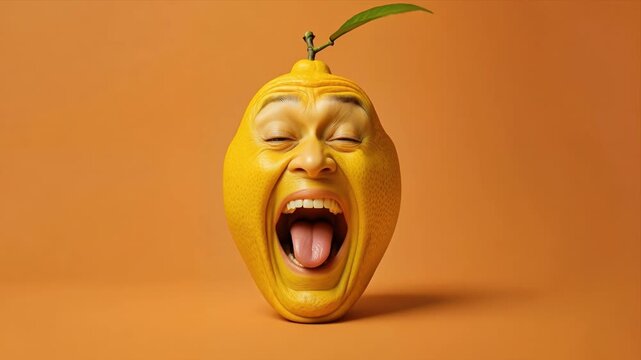 Surreal lemon character with a human face looking bored and yawning, creative 3D character animation