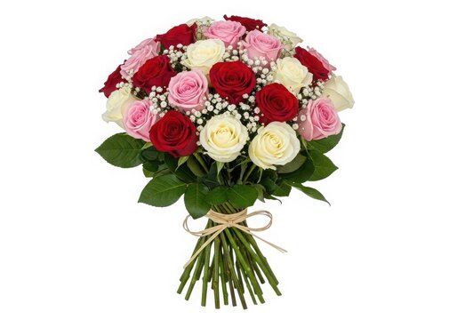 A vibrant bouquet of red, pink, and white roses with baby's breath and green leaves isolated on white background